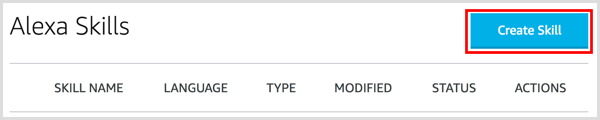 Haga clic en el botón Crear habilidad para configurar su habilidad de Alexa.