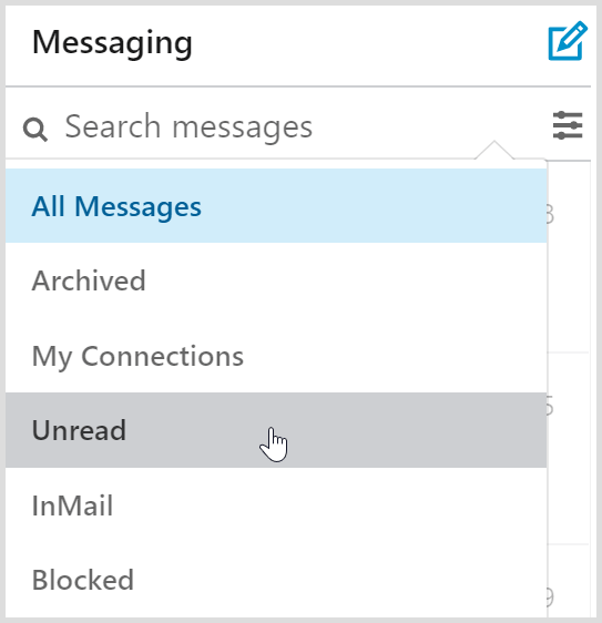 Los filtros de la bandeja de entrada de mensajes de LinkedIn incluyen un filtro de mensajes no leídos.