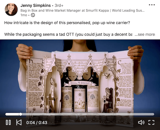 ejemplo de un video de linkedin de jenny simpkins que muestra cómo usar el empaque detallado integrado de un paquete de vino para impresionar