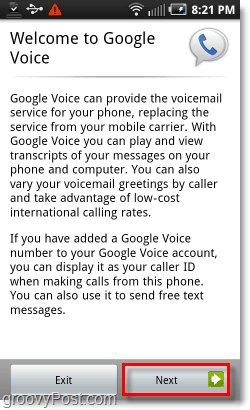Google Voice en la pantalla de bienvenida de Android Mobile
