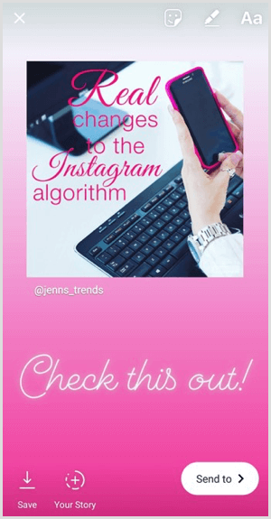 Agrega texto, calcomanías u otros componentes a una publicación compartida en tu historia de Instagram.