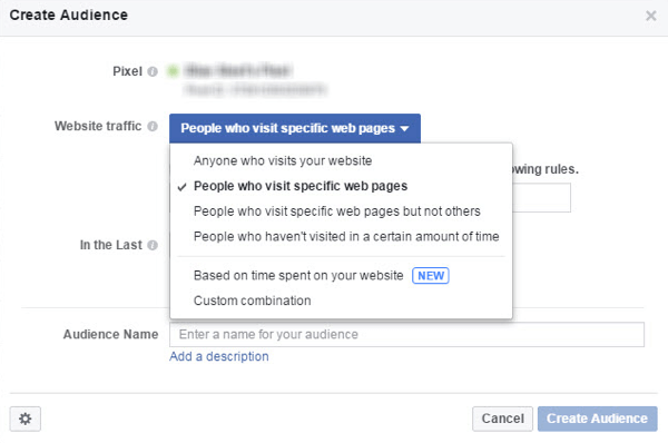 En el menú Tráfico del sitio web, elija a quién desea incluir en su audiencia personalizada de Facebook.