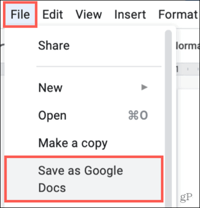 Haga clic en Archivo, Guardar como Google Docs