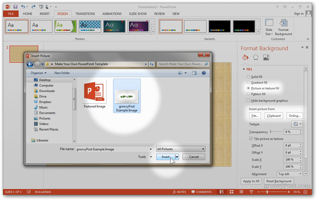 Plantilla de Office 2013 Crear Hacer diseño personalizado POTX Personalizar diapositivas Tutorial Cómo imaginar foto Textura Relleno Importar Archivo del portapapeles