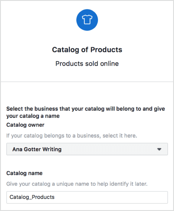 Selecciona la página a la que pertenece tu catálogo y nombra el catálogo en Shopify.