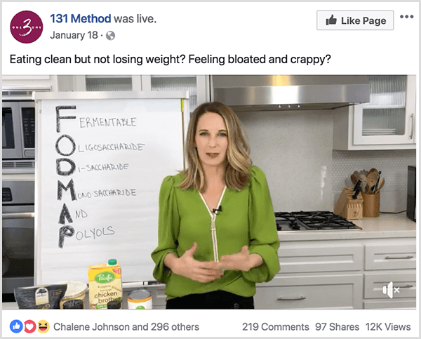 La página de Facebook de 131 Method publica un video sobre una alimentación sana.