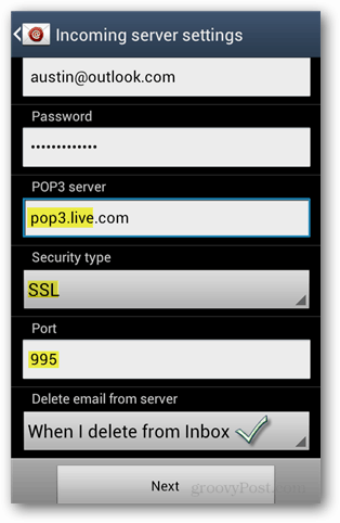 Configuración de correo electrónico de outlook.com para Android