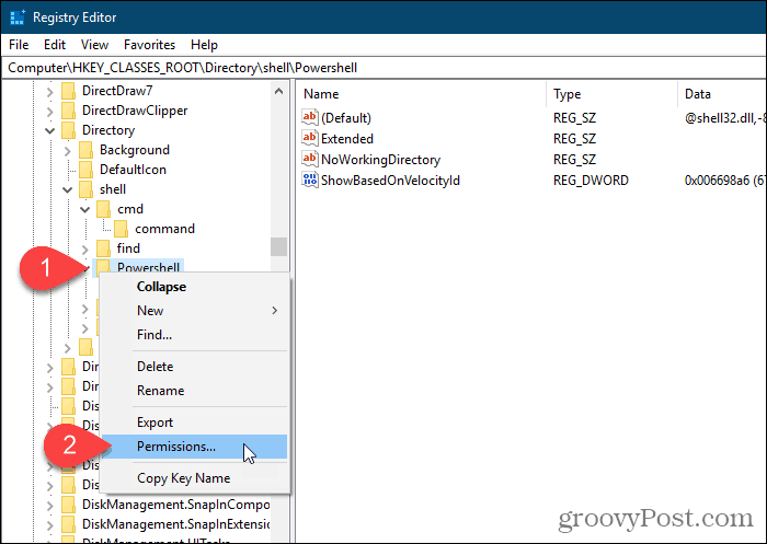 Seleccione Permisos para la clave Powershell en el Editor del Registro de Windows