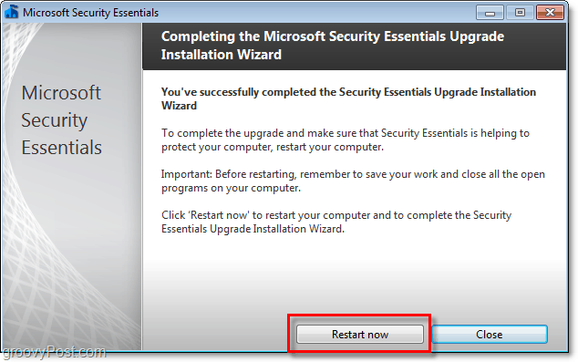 reinicie la computadora para completar la instalación beta de Microsoft Security Essentials 2.0