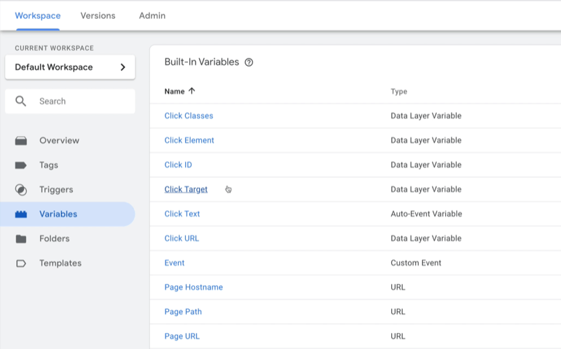 ejemplo de espacio de trabajo del panel de control de Google Tag Manager con variables seleccionadas y varias variables de ejemplo mostradas con el tipo indicado para cada una