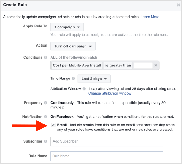 Notificación por correo electrónico de reglas automatizadas de Facebook Ads Manager