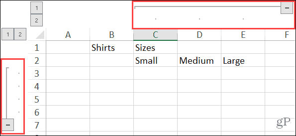 Columnas y filas agrupadas expandidas en Excel en Windows