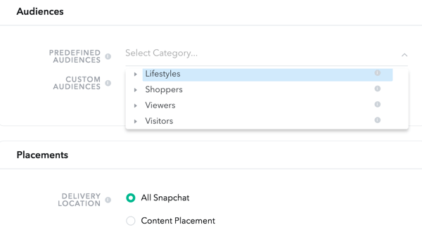 Snapchat te permite elegir audiencias de cuatro categorías predefinidas.