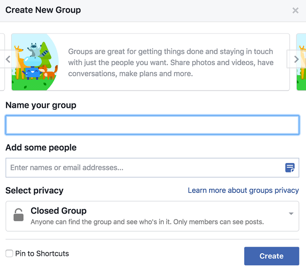 Dale un nombre a tu grupo, agrega personas y decide la configuración de privacidad.