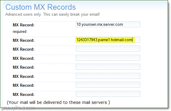 pase la información del servidor mx de sus servicios en vivo a la página de opciones avanzadas de su dominio para registros mx personalizados