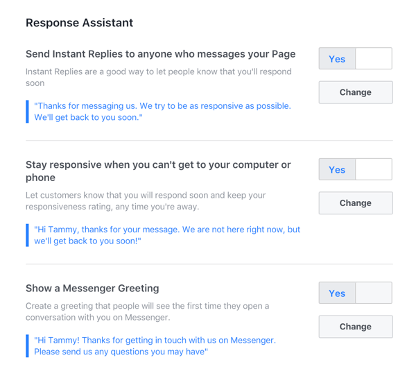 Configure las respuestas automáticas que desee utilizar para su página comercial de Facebook.