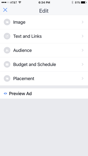 Editar opciones para campañas publicitarias en la aplicación de administrador de páginas de Facebook