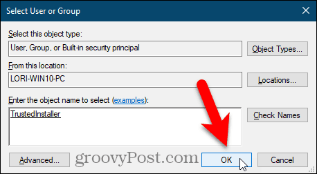 Cierre el cuadro de diálogo Seleccionar usuario o grupo en el Editor del registro de Windows