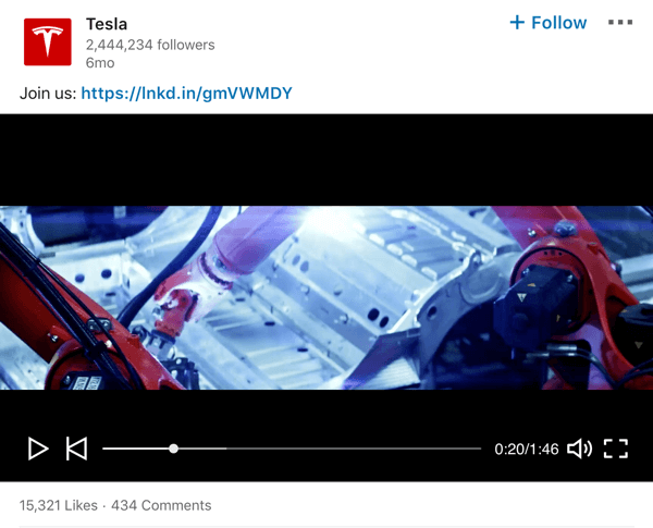 Ejemplo de publicación de video de la página de empresa de Tesla en LinkedIn.