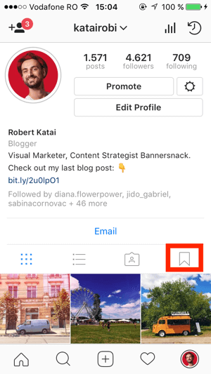 Para crear una colección, vaya a su perfil de Instagram y toque el icono de marcador.