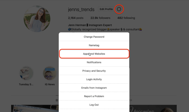 perfil de instagram icono de engranaje editar opciones de menú de configuración resaltando la opción de aplicaciones y sitios web