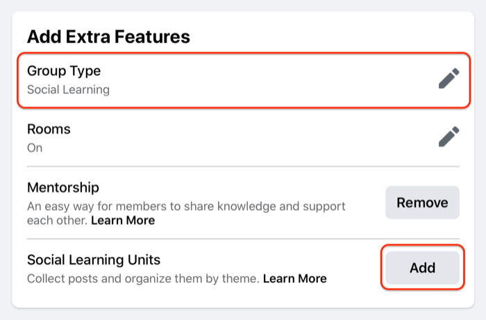 ejemplo de una configuración de unidad de grupo de Facebook que destaca la opción de tipo de grupo