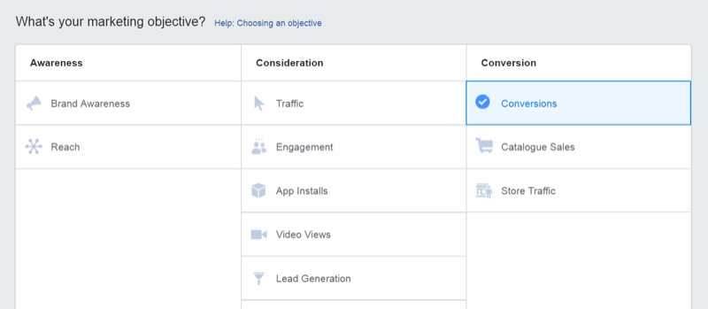 Estrategia de marketing en redes sociales; Captura de pantalla del objetivo de conversiones en Facebook Ads Manager.