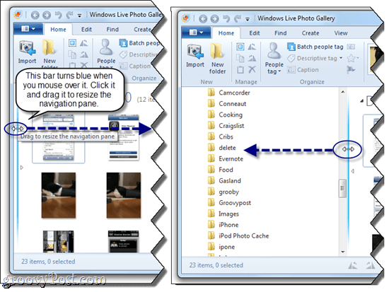 Cambiar el tamaño del panel de navegación en la Galería de fotos de Windows Live