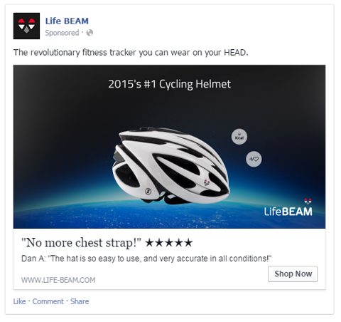anuncio de facebook de lifebeam con revisión de usuario