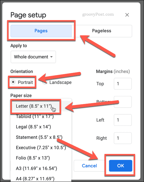 configuración de página de libro en google docs