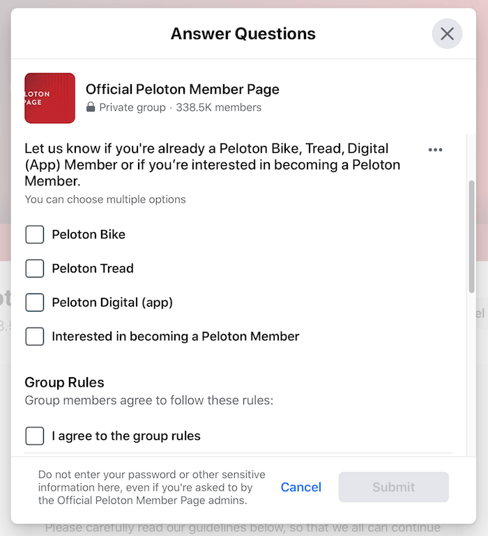 ejemplo de preguntas de selección de grupos de Facebook para el grupo de páginas de miembros oficiales del pelotón