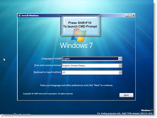 Instalación de Windows 7 - Inicie CMD Prompt usando Shift + F10
