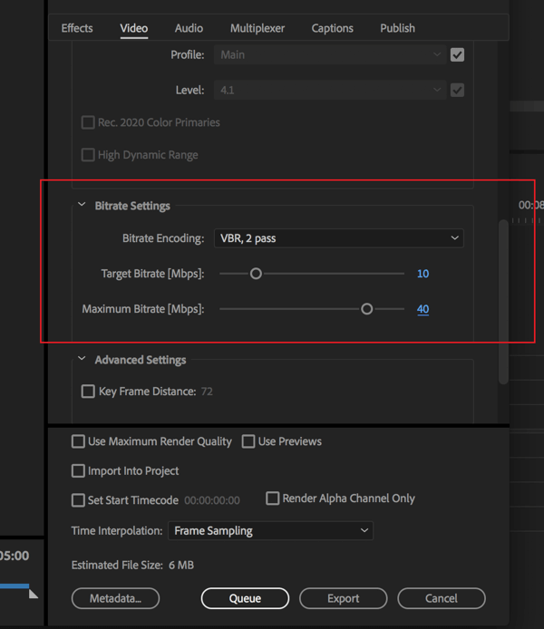 Configuración para cambiar la tasa de bits en la exportación de video de Adobe Premier Pro.