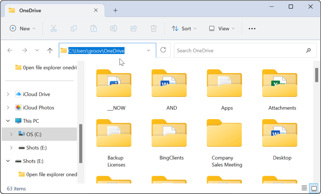 Explorador de archivos abierto en OneDrive 