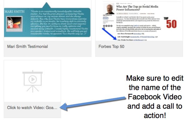 Cuando agregue enlaces de video de Facebook a su perfil, edite el título para incluir una llamada a la acción para ver el video.