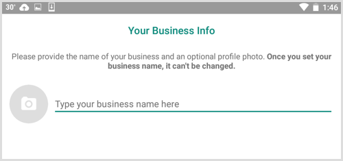Escriba el nombre de su empresa en la pantalla Información de su empresa en WhatsApp Business