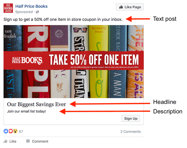 Hay tres áreas para el texto en un anuncio de Facebook.
