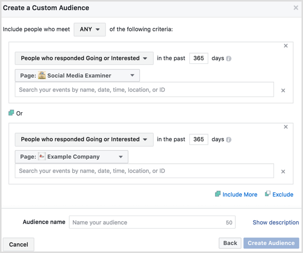 El administrador de anuncios de Facebook crea una audiencia personalizada basada en la participación del evento
