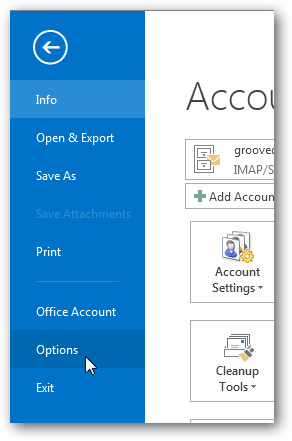 botón de opciones en Outlook 2013