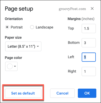 La configuración de página establecida como botón predeterminado en Google Docs