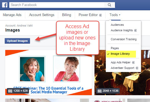 acceso a la biblioteca de imágenes del administrador de anuncios de facebook