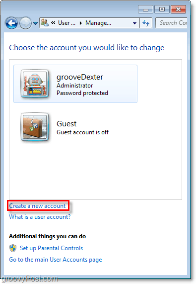 desde la página de resumen de cuentas de Windows 7, use el enlace para crear una nueva cuenta