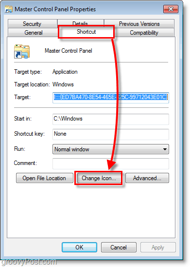 Captura de pantalla de Windows 7: cómo cambiar el icono de un acceso directo