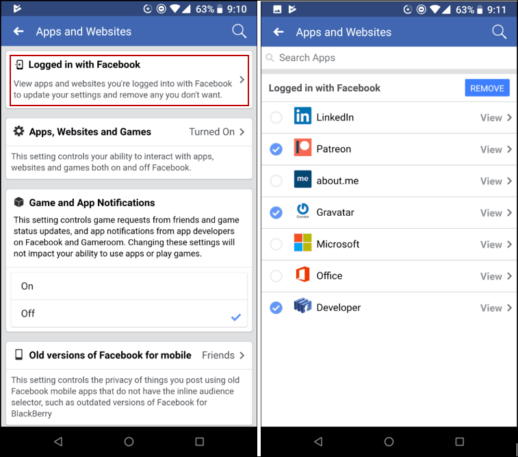 Eliminar aplicaciones Facebook Mobile