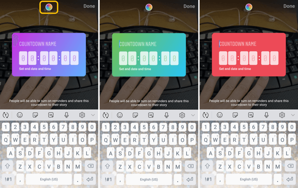 Cómo utilizar la pegatina de cuenta atrás de Instagram para empresas, paso 5 opciones de color de la pegatina de cuenta atrás.