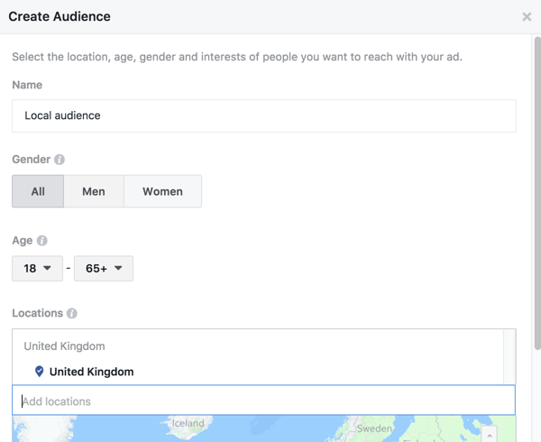 Facebook te permite orientar una publicación mejorada a ubicaciones específicas.