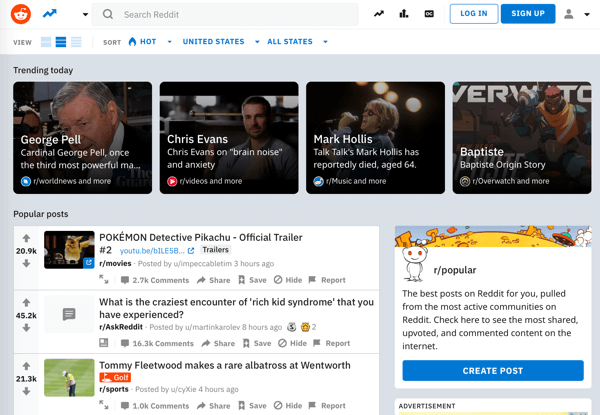 Cómo comercializar su negocio en Reddit, ejemplo de página de inicio de Reddit y feeds de contenido de tendencia