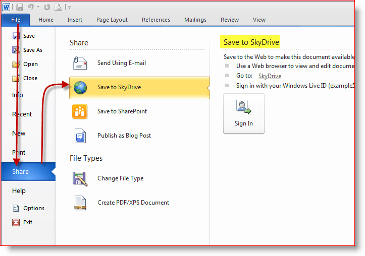 Guardar documentos en el almacenamiento en línea SkyDrive