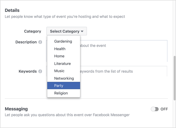 Elija la categoría que mejor describa su evento virtual de Facebook.