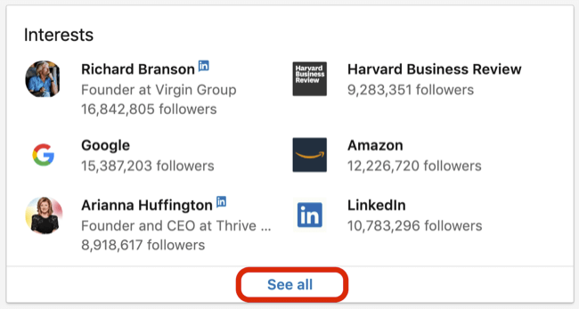 Cuadro de intereses del perfil de LinkedIn